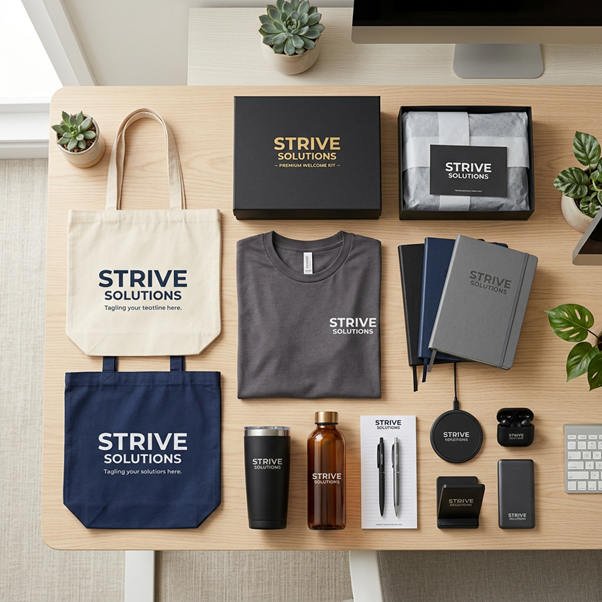 Branded promotional products including tote bags, branded pens, drinkware and corporate gifts displayed on a table