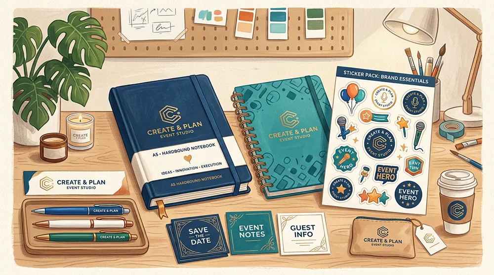 20 Best Promotional Merchandise Ideas for Events 2 Branded merchandise ideas including custom notebooks pens and stickers