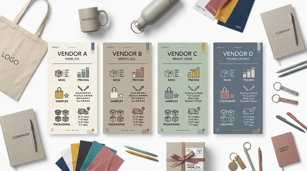 How to Choose the Right Promotional Merchandise Supplier 4 Company merchandise vendors comparison with MOQ, product samples, and packaging options