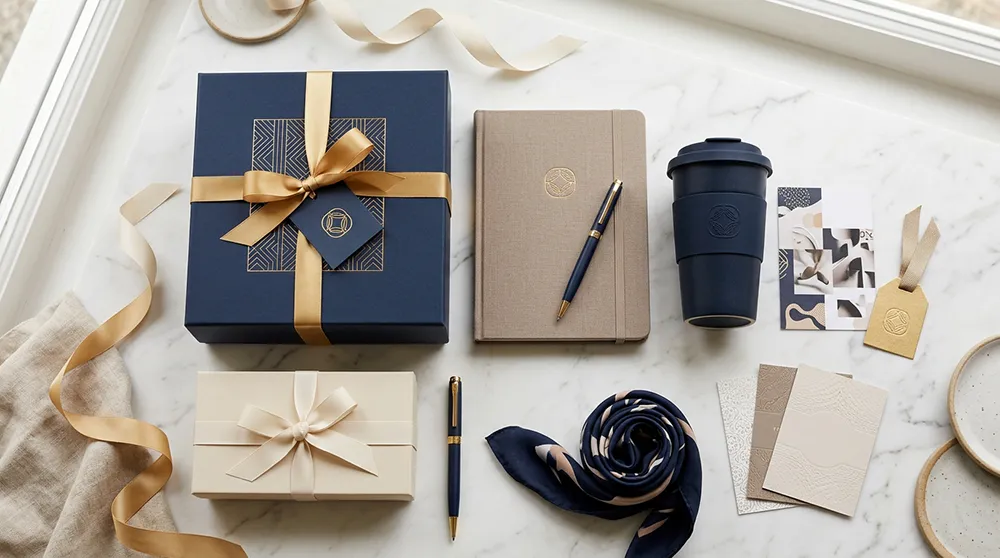 Corporate Gift Ideas for Global Retail Brands 1 Corporate gifting display with branded gift boxes, notebooks, and executive drinkware