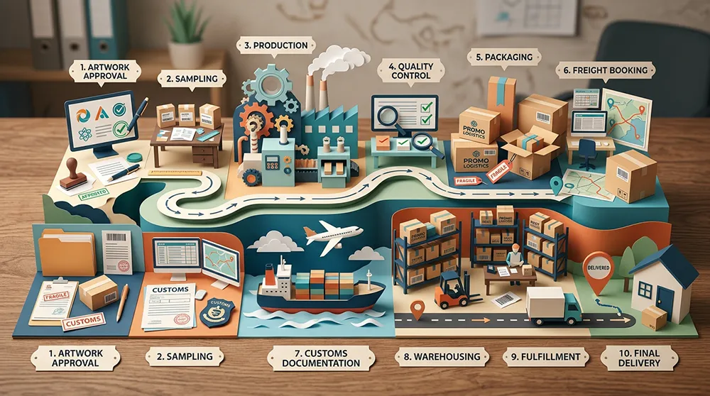 How to Choose the Right Promotional Merchandise Supplier 7 Promotional products supplier logistics timeline with shipping labels and global delivery planning